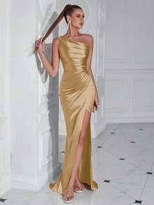 ADYCE Women's Ruched One-Shoulder High Slit Waist Cinched Cocktail Maxi Dress, Suitable For Dancing/Homecoming - Gold - View 9