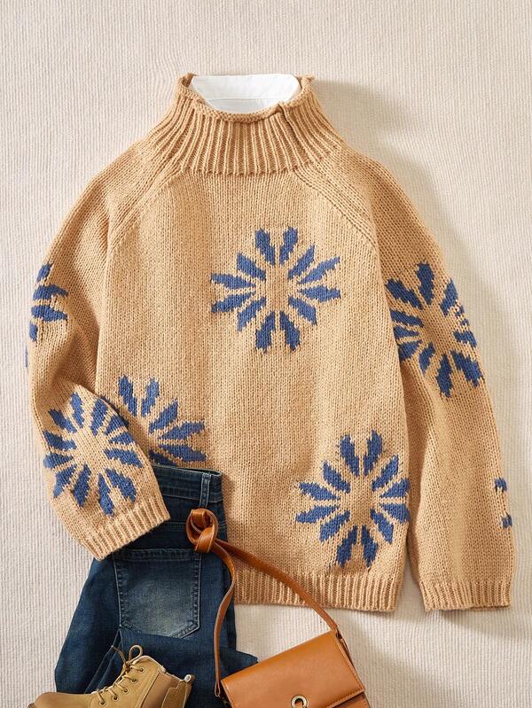 Damen Große Größen Jacquard Blumenprint Loose Fit Pullover Gestrickter Pullover für Herbst/Winter