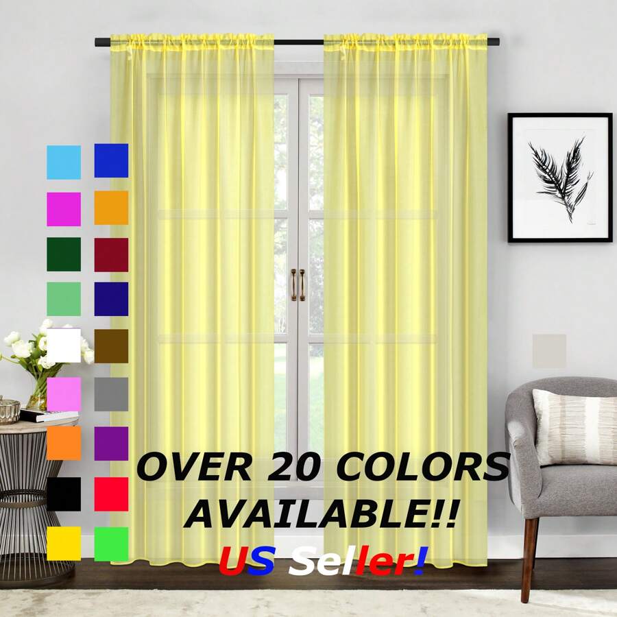 Two (2) Sheer Window Curtains Panels - Drapes Set Multiple Lengths (63", 84", 95", 108", 120" L) Rod Pocket Solid Colors - 黃色 - 查看 1