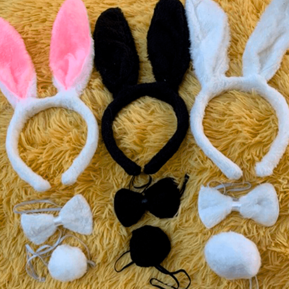 3 peças Tiara Coelho Pelúcia Para Fantasia Cosplay Orelha, Rabinho e Gravata