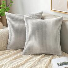1pc Solid Cushion Cover Without Filler, Light Grey Corduroy Throw Pillow Case, For Sofa, Couch - Light Grey - View 12