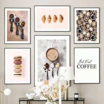 1pc Coffee Bean Macaron Cake Croissan Canvas Painting Nordic Posters & Prints Wall Pictures For Kitchen Dessert Shop Decor No Frame