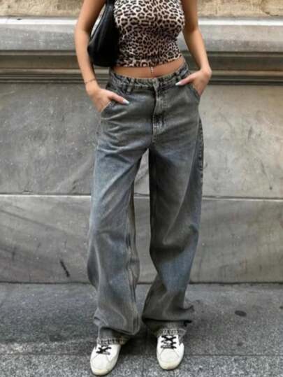 Halloween Rave Street Retro Street Cintura alta Bolso inclinado Fenda Perna reta Jeans Trajes