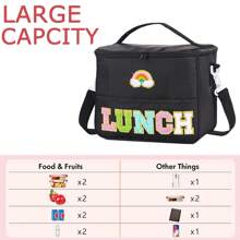 Chenille Letter Towel Embroidered Letter Outdoor Large Capacity Crossbody Shoulder Picnic Bag Camping Picnic Travel Insulation Handheld Convenience Bag Cute Insulated Thermal Lunch Bag - Keeps Food Hot/Cold For Hours, Portable, Spacious, And Easy To Clean - Perfect For School, Office, Picnic, And Outdoor Activities - Black - View 6