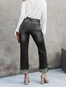 Women Asymmetric Waist Pocket Casual Fashionable Jeans - Black - View 3