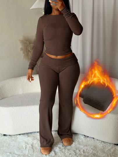 Conjunto informal de top de manga larga de cuello redondo y pantalones de unicolor, de felpa delgada minimalista, para otoño/invierno