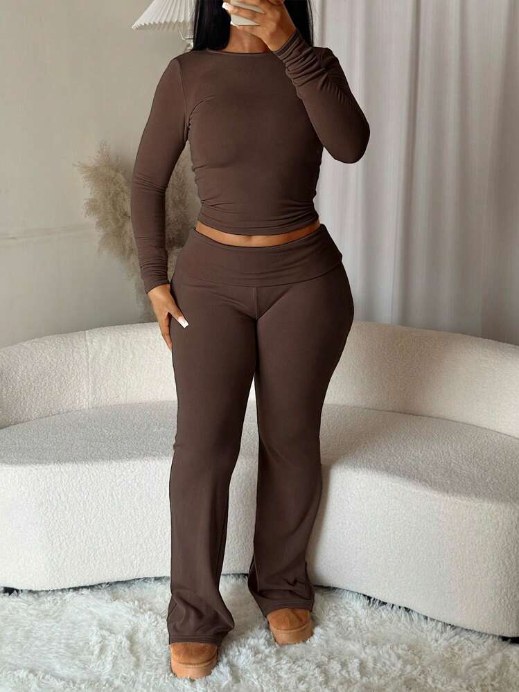 Solid Color Round Neck Long Sleeve Minimalist Top And Pants Thin Fleece Casual Suit, Autumn/Winter