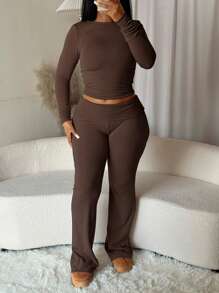 Solid Color Crew Neck Long Sleeve Simple Top And Long Pants Thin Fleece Casual Tracksuit Set