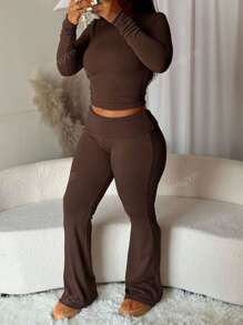 Solid Color Crew Neck Long Sleeve Simple Top And Long Pants Thin Fleece Casual Tracksuit Set