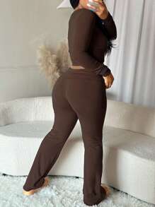 Solid Color Crew Neck Long Sleeve Simple Top And Long Pants Thin Fleece Casual Tracksuit Set