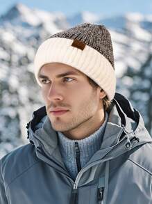 男士针织帽，时尚百搭保暖帽，带有毛绒绒的花卉图案，舒适惬意，时尚字母标签，流行的日常休闲服装配饰，宽松的无檐小便帽，男士冬帽 - 彩色 - 查看 7