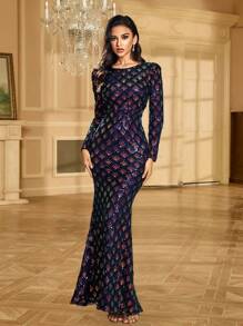 UNITHORSE Thiết kế Váy công chúa thanh lịch cổ chữ V dài tay đính sequin, Váy dạ hội trang trọng, Dành cho khách dự tiệc cưới, Tốt nghiệp, Tiệc tối - Màu xanh hải quân - Xem 2