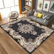 1 件波西米亚风格米色花卉图案方形地毯，适用于卧室和客厅装饰，室内使用家居装饰地垫地毯 - 黑色 - 查看 5