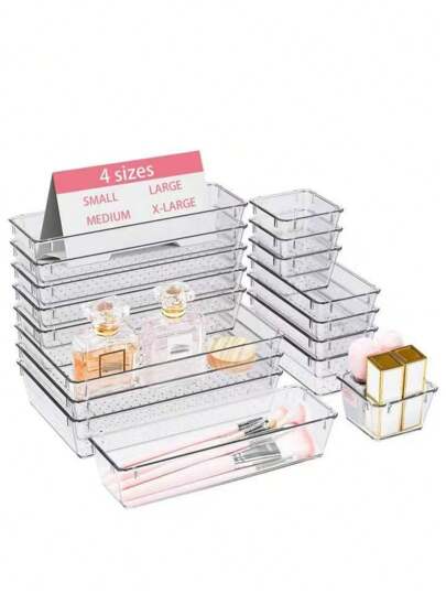 8/10/12pcs Makeup Drawer Organizer Boxes, 4 Sizes Transparent Plastic Storage Boxes For Desk, Room, Kitchen, Makeup, And Office Supplies