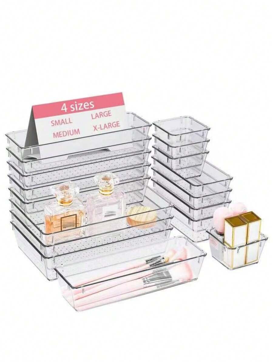 8/10/12 pièces Boîtes de rangement pour tiroir de maquillage, boîtes de rangement en plastique transparent de 4 tailles pour le bureau, la chambre, la cuisine, la maquillage et les fournitures de bureau - Transparent - Voir 1