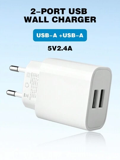 EU Standard White Dual USB Charger 2.4A Quick Charging Plug Adapter Dual Port For Smartphone, Compatible With Apple, Suitable For Smart Phones And Devices Suitable For Travel, Office, Dorm, And Home Multi-Port Nan Fast Charging