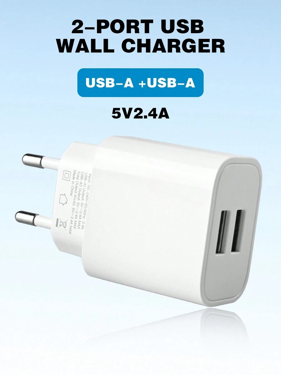 EU Standard White Dual USB Charger 2.4A Quick Charging Plug Adapter Dual Port For Smartphone, Compatible With Apple, Suitable For Smart Phones And Devices Suitable For Travel, Office, Dorm, And Home Multi-Port Nan Fast Charging - EU C Type Plug(220-240V) - View 1