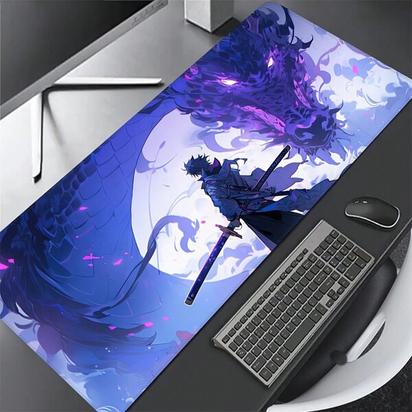 Tapis de souris design dragon pourpre, style anime. Tapis de bureau/bureau avec bords cousus, antidérapant. Base en caoutchouc, tapis de clavier XXL de 35,4 x 15,7 pouces. Accessoire de bureau, cadeau idéal pour les femmes et la rentrée scolaire