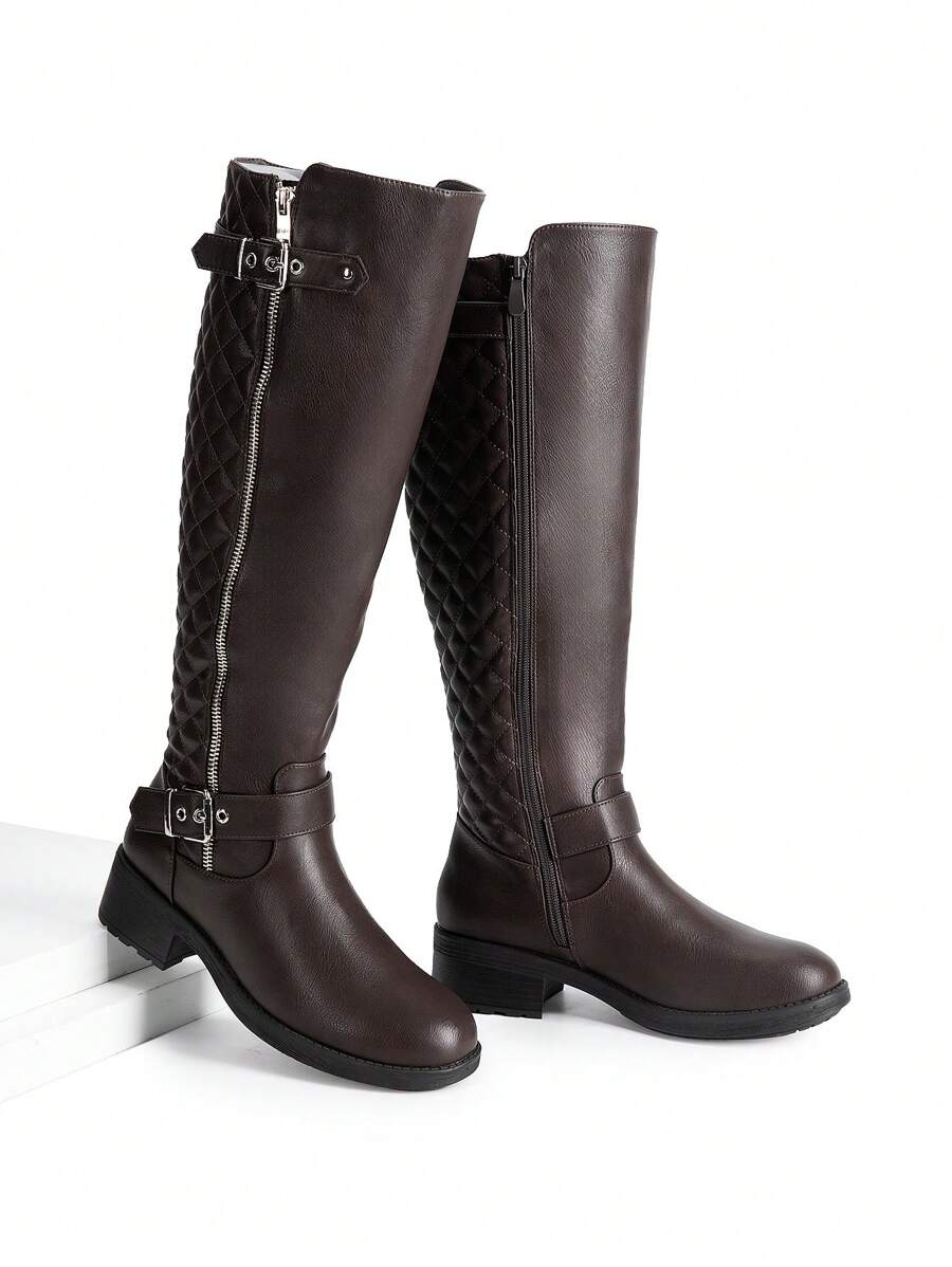 Women's Faux Furs-Lined  Knee High Riding Boots Black Low Stacked Heel Comfortable Side Zipper Biker Motorcycle Buckle Boots For Winter - màu nâu - Xem 1