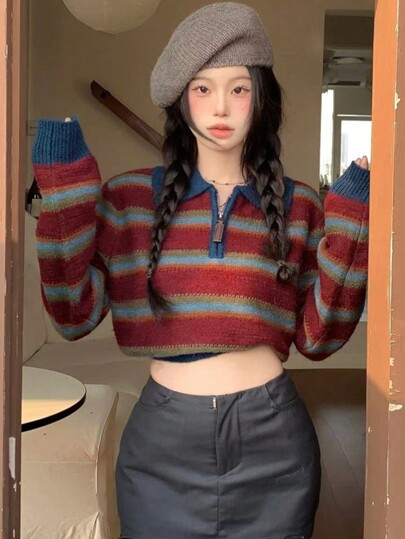 Color Block Striped Collar Letter Patch Cropped Casual Knit Sweater For Women