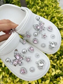 20pcs/Pack Butterfly Diamond Crown Foot Jewelry Decorations, Detachable Accessories For Slippers, Sandals, Beach Shoes - Silver Pink - View 4