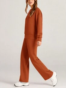 Women's Two Piece Outfits Fall Long Sleeve Pullover Tops And Long Pants Lounge Sets Tracksuit - trái cam - Xem 4