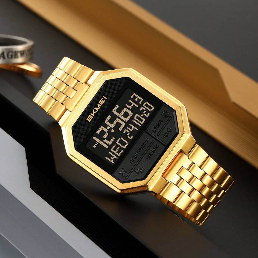 Men Digital Watch Skmei 2350 Stainless Steel Strap 30 Meters Waterproof Luxury Gold Wristwatch - Một cỡ - Xem 1