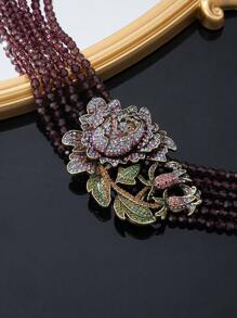 Women's Fashion Jewelry Set, Necklace & Earrings, Rose Flower Copper Alloy Handmade Multi-Layer Beaded Pendant With Purple Glass, Vintage European And American Exaggerated Style Valentines,Mom,Mother,Mother's Day,Gift - Mauve Purple - View 8