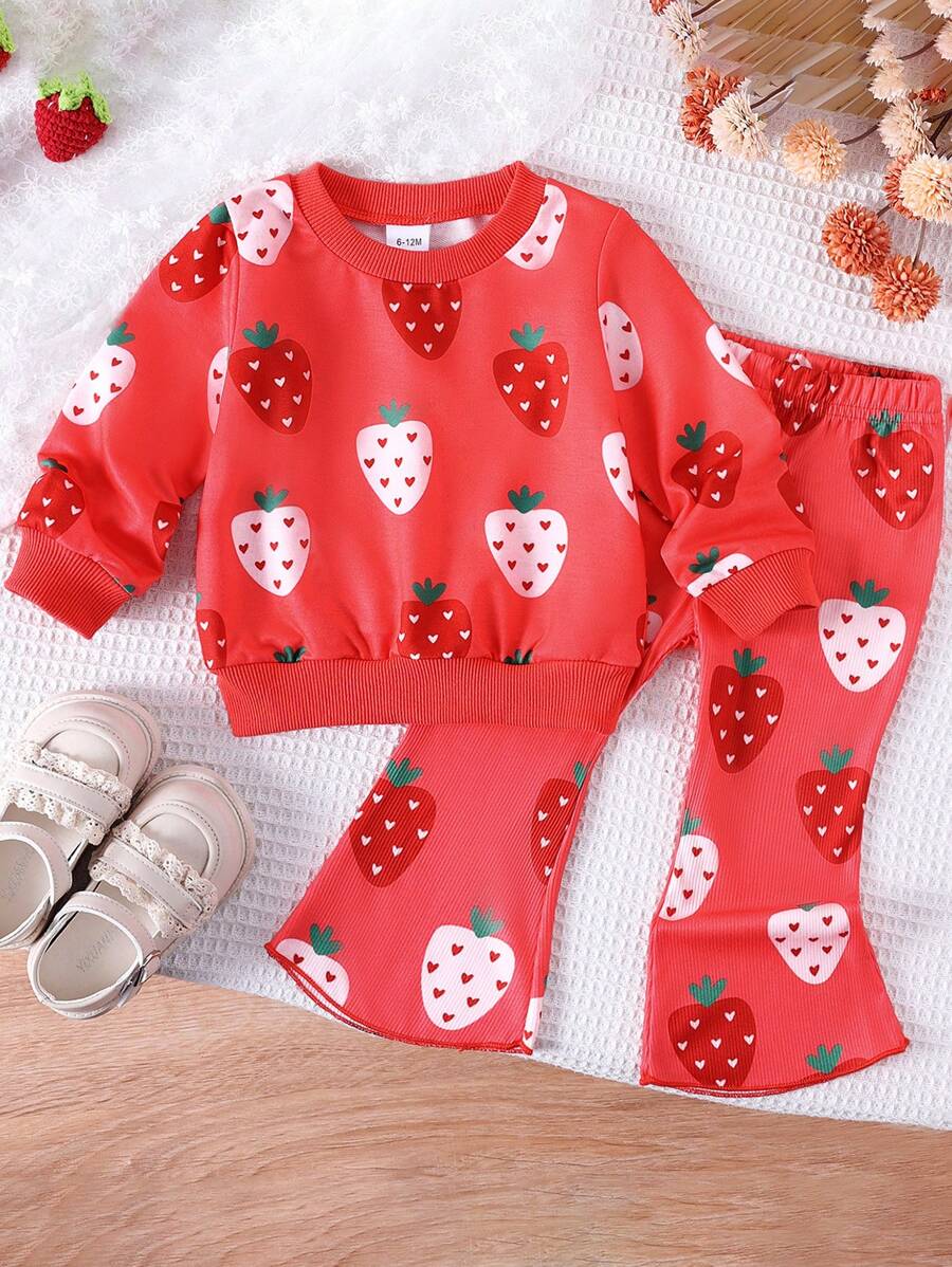 2pcs Baby Girls Cute & Sweet Casual Long Sleeve Sweatshirt + Pants Set, Lightweight For Spring/Autumn - Hot Pink - View 1