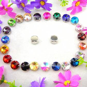 Rivoli Round Shape Glass Non-AB Normal Colors Fancy Ellipse Shiny Handmade Sliver Gold Metal Claw Base, Sewing Crystal Hand Sewn Rhinestone Decoration Beads Flat Back With Holes Gems DIY Accessories Sew On Stones Strass For Decorating Clothes, Dress, Bags, Shoes, Brooches, Earrings, Handicrafts