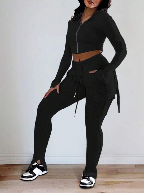 Conjunto de 2 piezas con top con capucha y dobladillo curvo y pantalones ajustados con dobladillo partido