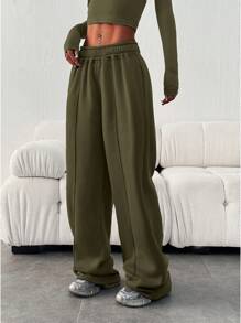 Women's Casual Loose Solid Color Drawstring Waist Track Pants - 軍綠色 - 查看 5