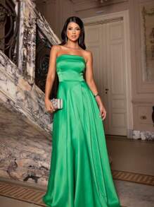 LONG DRESS FOR WEDDING PARTY BRIDESMAID GRADUATES STRAP-ON - Verde Lima - Ver 2