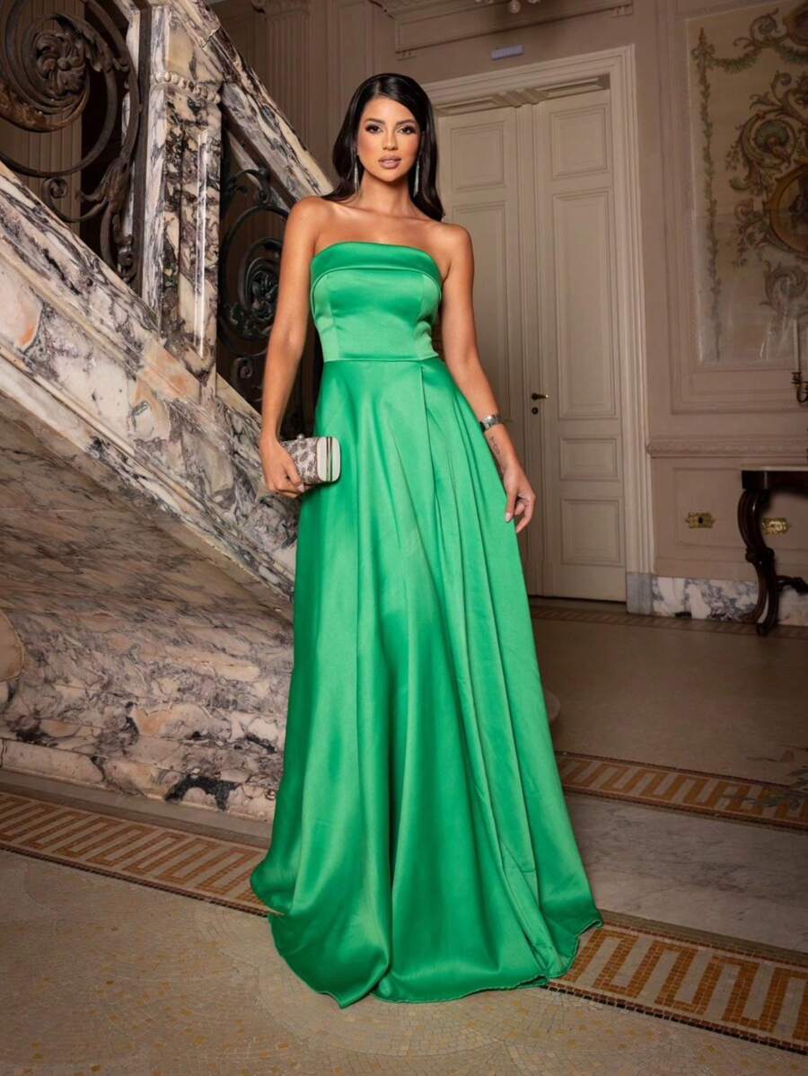 LONG DRESS FOR WEDDING PARTY BRIDESMAID GRADUATES STRAP-ON - Verde Lima - Ver 1