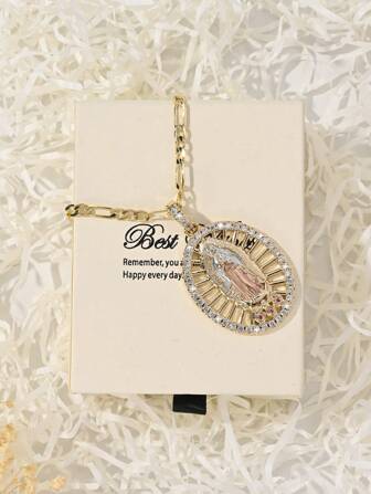  1 st Chic enkel kopparinläggning av zirkoner präglad handmålad trefärgad Jungfru Maria hängehalsband, önskar dig den bästa presentförpackningen, lämpad för presenter till par, vänner, önskningar för dagligt och festivalkläder, bönegåva alla hjärtans dag