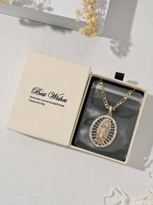 1 件别致简约铜镶嵌锆石浮雕手绘三色圣母玛利亚吊坠项链，祝您最好的礼盒，适合送给情侣、朋友，日常和节日佩戴的最美好祝福，情人节祈祷礼物 - 金黃色 - 查看 4