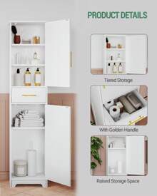 Hzuaneri Mueble de baño, gabinete de almacenamiento con 1 cajón y 2 puertas, estante ajustable, gabinete alto y estrecho para sala de estar, dormitorio, cocina, pasillo, blanco