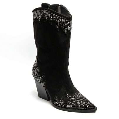 Fashionable Retro Rhinestone Decor High Heel Western Boots