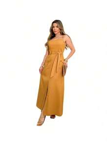 Elegant Long Summer Dress With Belt And Pockets - Màu vàng - Xem 2