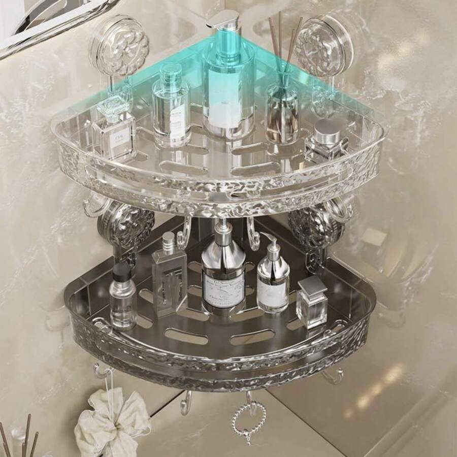 1 pezzo Mensola d'angolo triangolare con ventosa ondulata, montata a parete per bagno/toilette/vanità, con rotazione a 90 gradi, salvaspazio, con gancio mobile, design a prova di perdite - Multicolore - Visualizzare 1