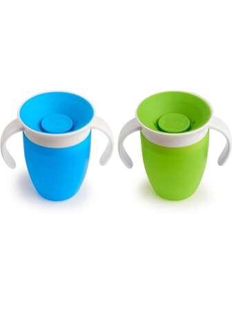 360° 魔术水杯，婴幼儿饮水杯，硅胶吸管杯，带手柄和盖子，防溢防呛设计，慢速出水防止呛咳