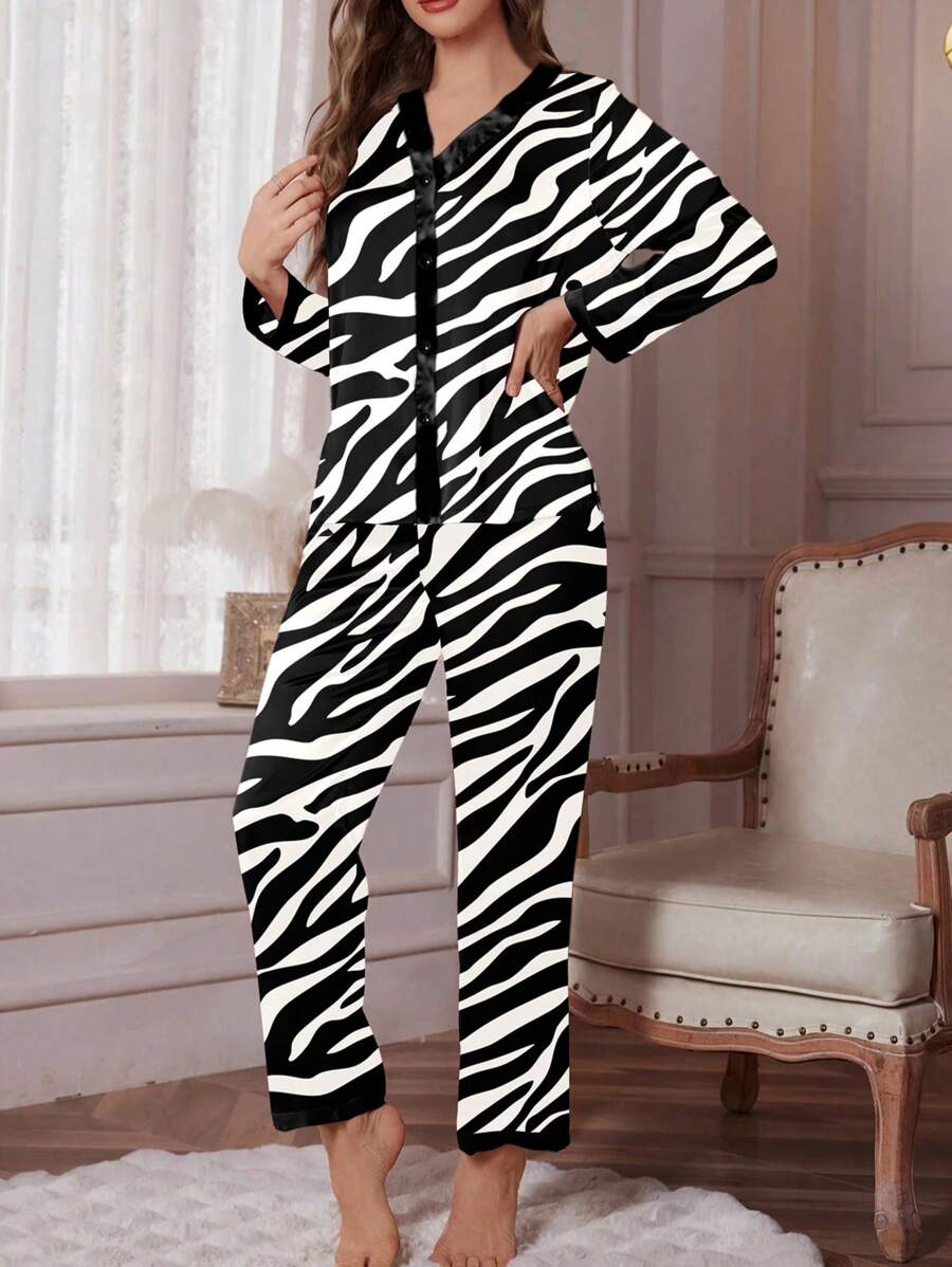 Pijama con estampado de leopardo y cebra para mujer, pantalones de manga larga, conjunto de ropa de hogar de primavera y otoño - Blanco y Negro - Ver 1