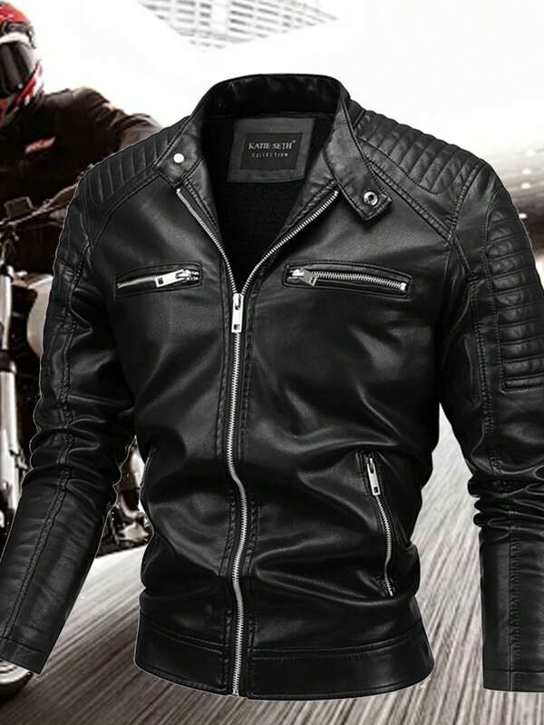 Jaqueta de Couro de Inverno Masculina com Forro Térmico, Jaqueta Casual de Motociclista na Moda, Casaco Externo à Prova de Vento para Pilotagem e Uso Externo, Fleece