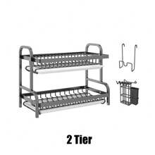 2/3 Tier Dish Drainer Rack With Drip Tray Cutlery Holder Plate Rack Kitchen Sink - Black - View 11