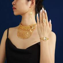 Bộ trang sức cổ điển sang trọng thời trang cao cấp Mgyi bằng đồng màu vàng dành cho nữ, dây chuyền, hoa tai, vòng tay, nhẫn thiết kế vuông sang trọng thanh lịch mạ vàng 18K dành cho nữ, phù hợp với Nigeria, Dubai, Trung Đông, Ả Rập Saudi, đám cưới cô dâu, trang phục hàng ngày, quà kỷ niệm ngày cưới, quà tặng Halloween cho bạn bè - Vàng - Xem 2