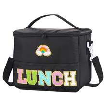 Chenille Letter Towel Embroidered Letter Outdoor Large Capacity Crossbody Shoulder Picnic Bag Camping Picnic Travel Insulation Handheld Convenience Bag Cute Insulated Thermal Lunch Bag - Keeps Food Hot/Cold For Hours, Portable, Spacious, And Easy To Clean - Perfect For School, Office, Picnic, And Outdoor Activities - Black - View 9