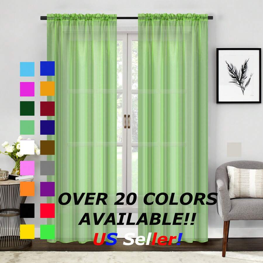 Two (2) Sheer Window Curtains Panels - Drapes Set Multiple Lengths (63", 84", 95", 108", 120" L) Rod Pocket Solid Colors - Sage Green - 查看 1