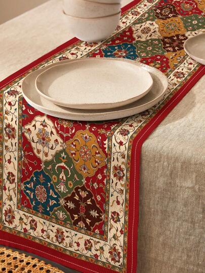 قطعة واحدة من منسوج الكتان المائي المطبوع بدرجات زهرية إسلامية على أسلوب البوهو، مناسب للأعياد والحفلات وأعياد الميلاد والعشاء ، ديكور المطبخ والمائدة والخزائن وديكور المنزل عموما لكافة المواسم