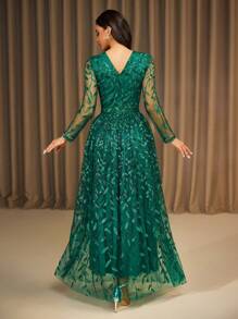 Robe de soirée formelle avec paillettes à la taille, manches longues, verte. Robe de soirée élégante pour invité de mariage, remise des diplômes, dîner, fête - Vert - Voir 7