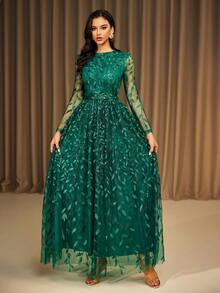 Robe de soirée formelle avec paillettes à la taille, manches longues, verte. Robe de soirée élégante pour invité de mariage, remise des diplômes, dîner, fête - Vert - Voir 4